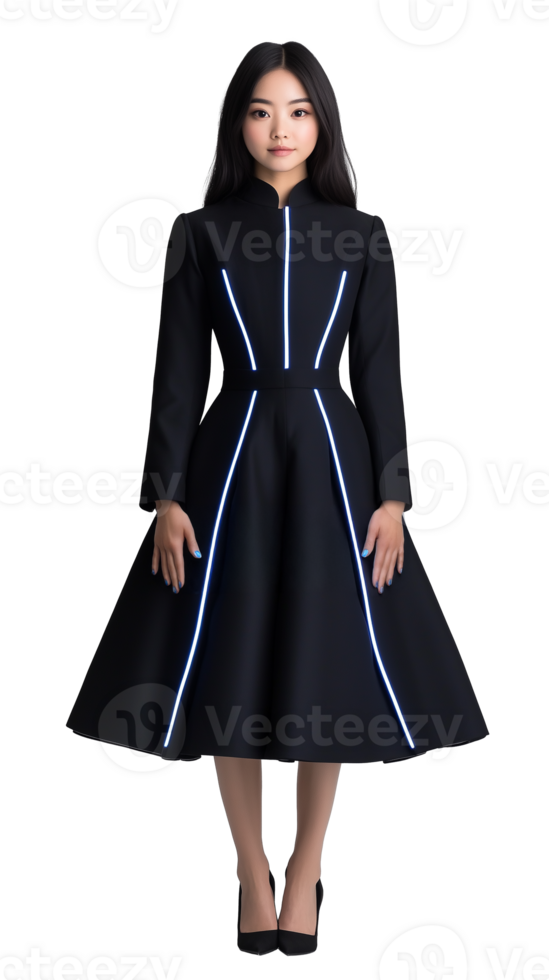 Elegant young woman in black formal dress with pleated design, standing gracefully on a transparent background, ideal for fashion and sophisticated themes. png