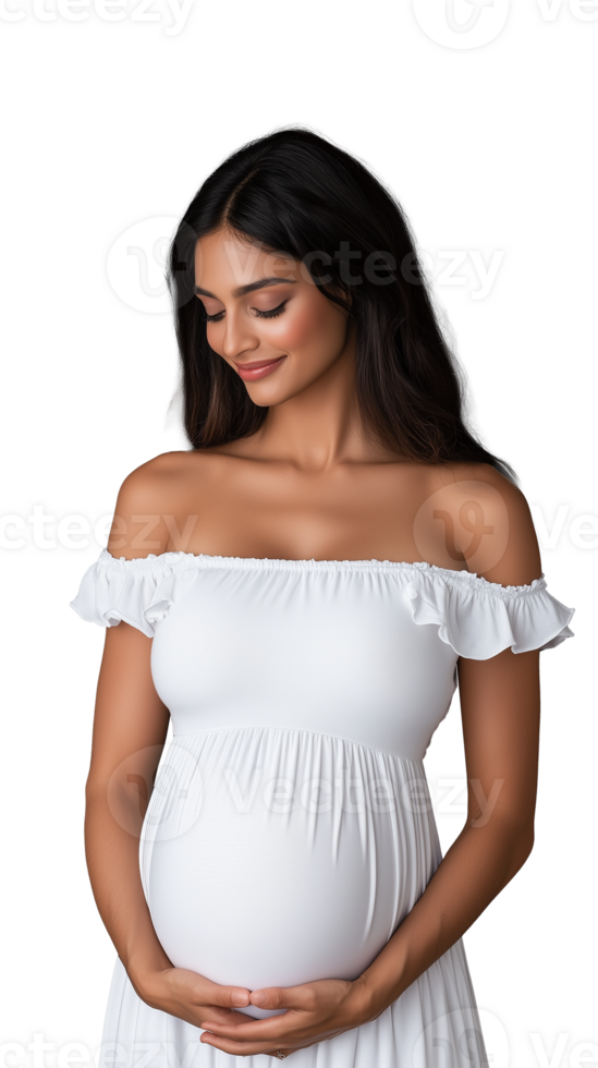 Pregnant woman in off shoulder white dress holding her belly with a serene expression, representing motherhood on a transparent background. png