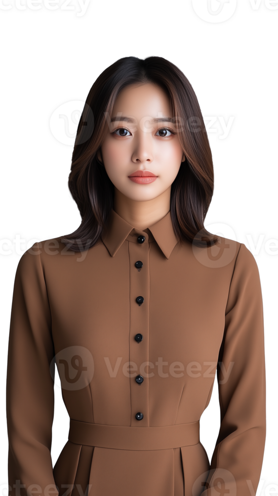 Elegant young woman in brown blouse with confident expression, isolated on a transparent background, embodying simplicity and style. png
