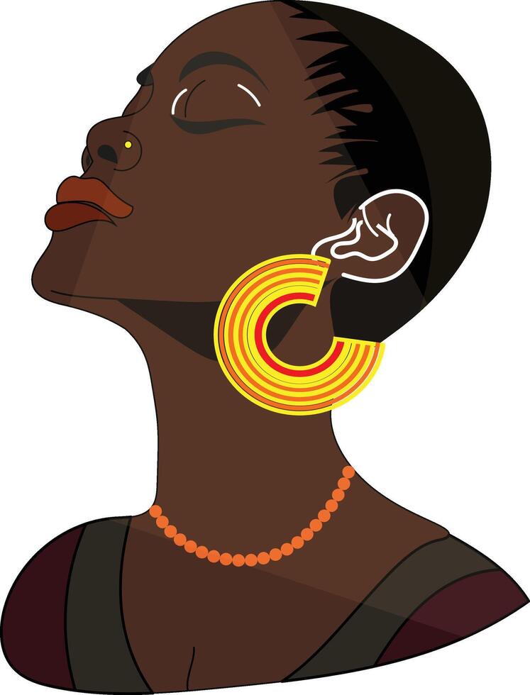 A captivating profile of an ebony woman model with closed eyes, wearing a vibrant yellow and orange circular earring and a beaded necklace. The solid grey background emphasizes her serene beauty vector