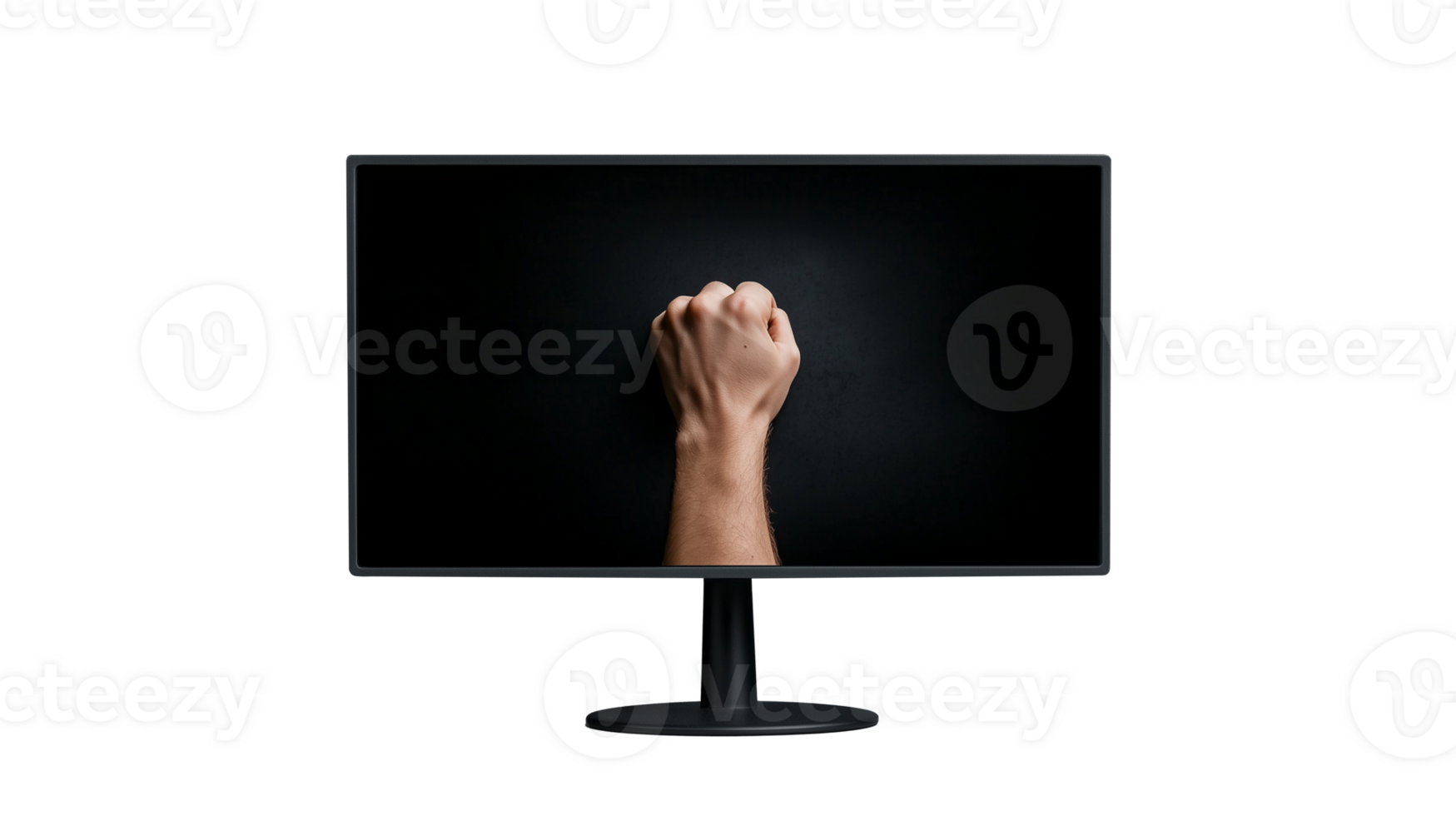 Close up of a raised fist on a computer monitor screen, symbolizing strength and unity against a transparent background. png
