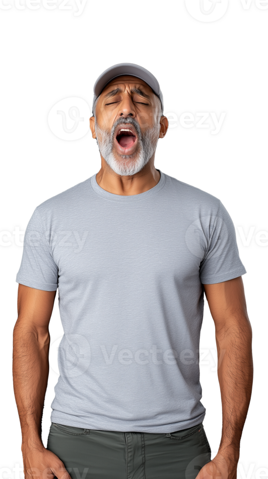 Older man with a cap and a surprised expression, dressed casually in a t shirt against a transparent background. png