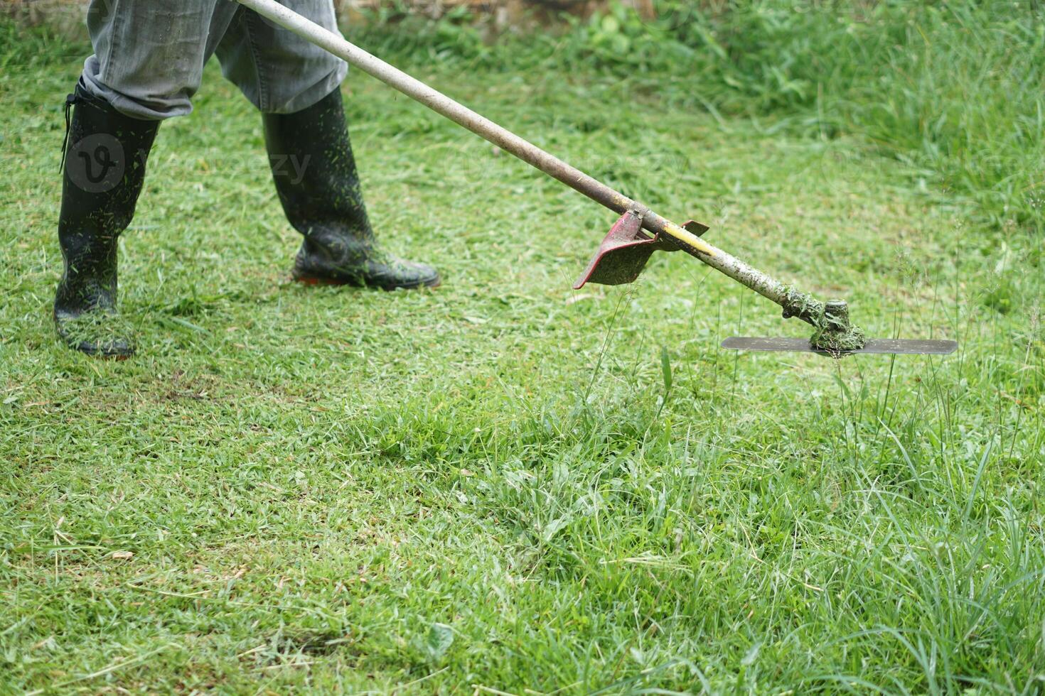 Close up man is using mowing machine to mow the lawn in his garden. Concept , using agricultural machine instead of using herbicide or chemical to get rid of weeds. Eco friendly gardening. photo