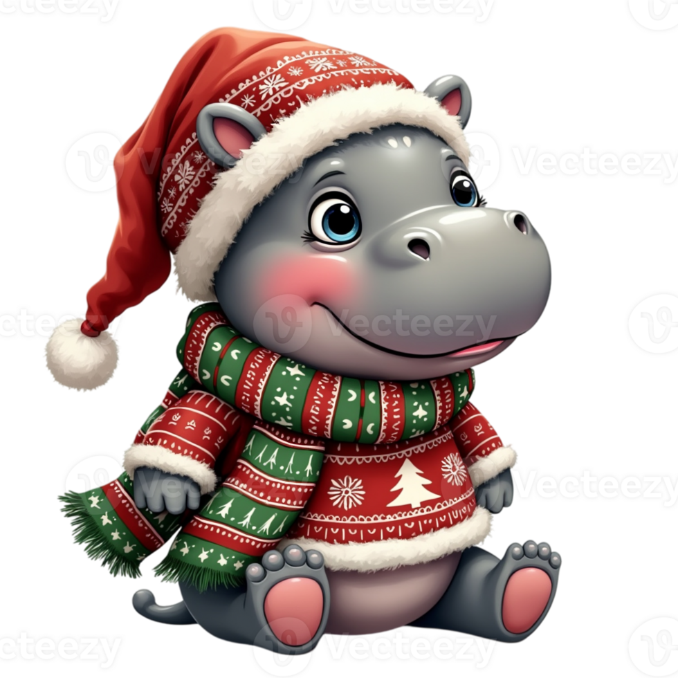 Hippo is dressed festively in a red and green christmas sweater with