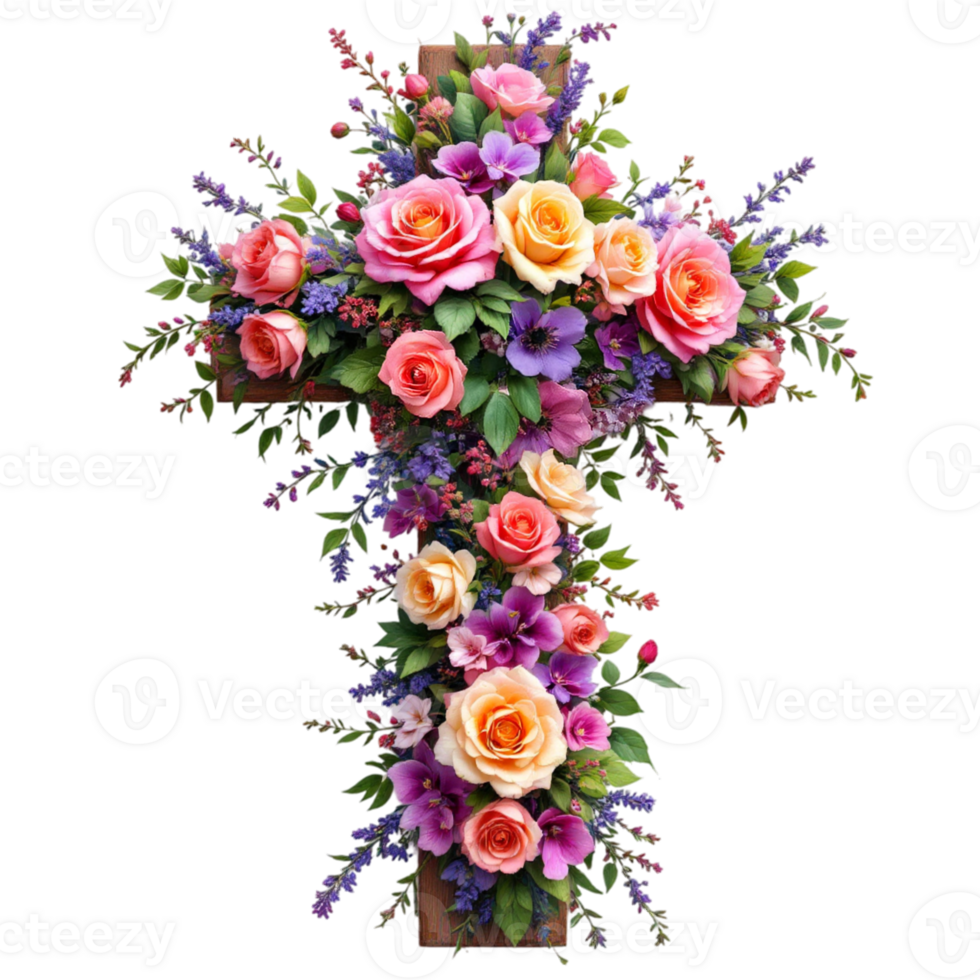 A cross made of vibrant flowers features a variety of colors, including pinks, purples, yellows, and greens cutouts png