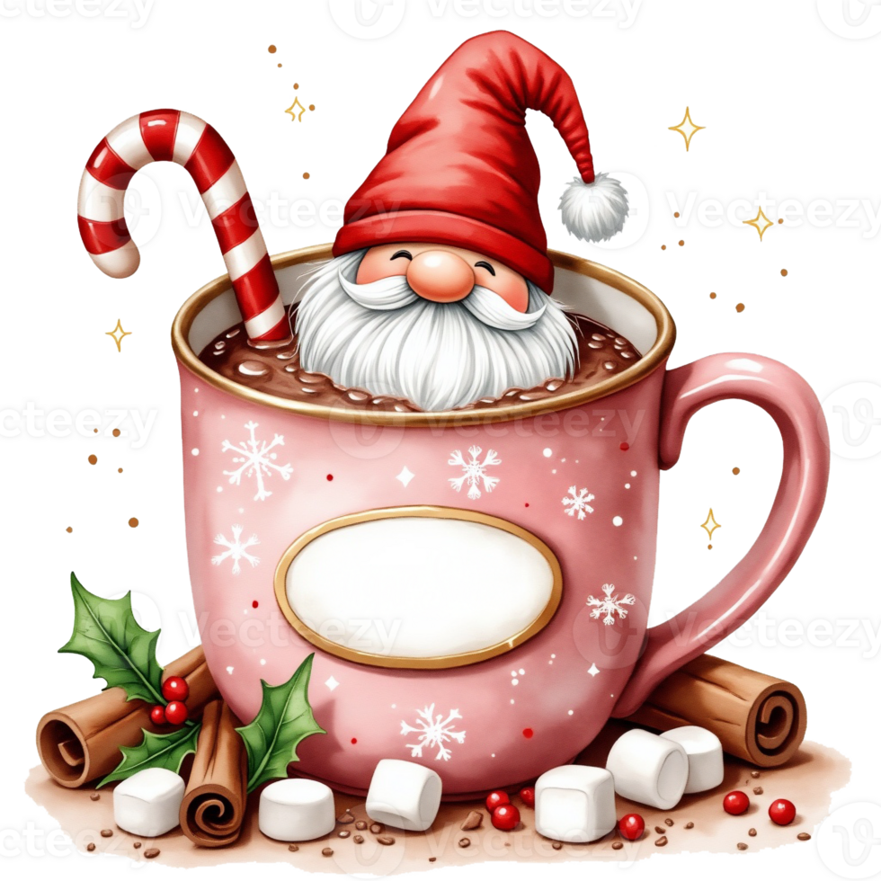 A christmas gnome in a red Santa hat peeks out of a pink mug adorned with snowflakes cutouts png
