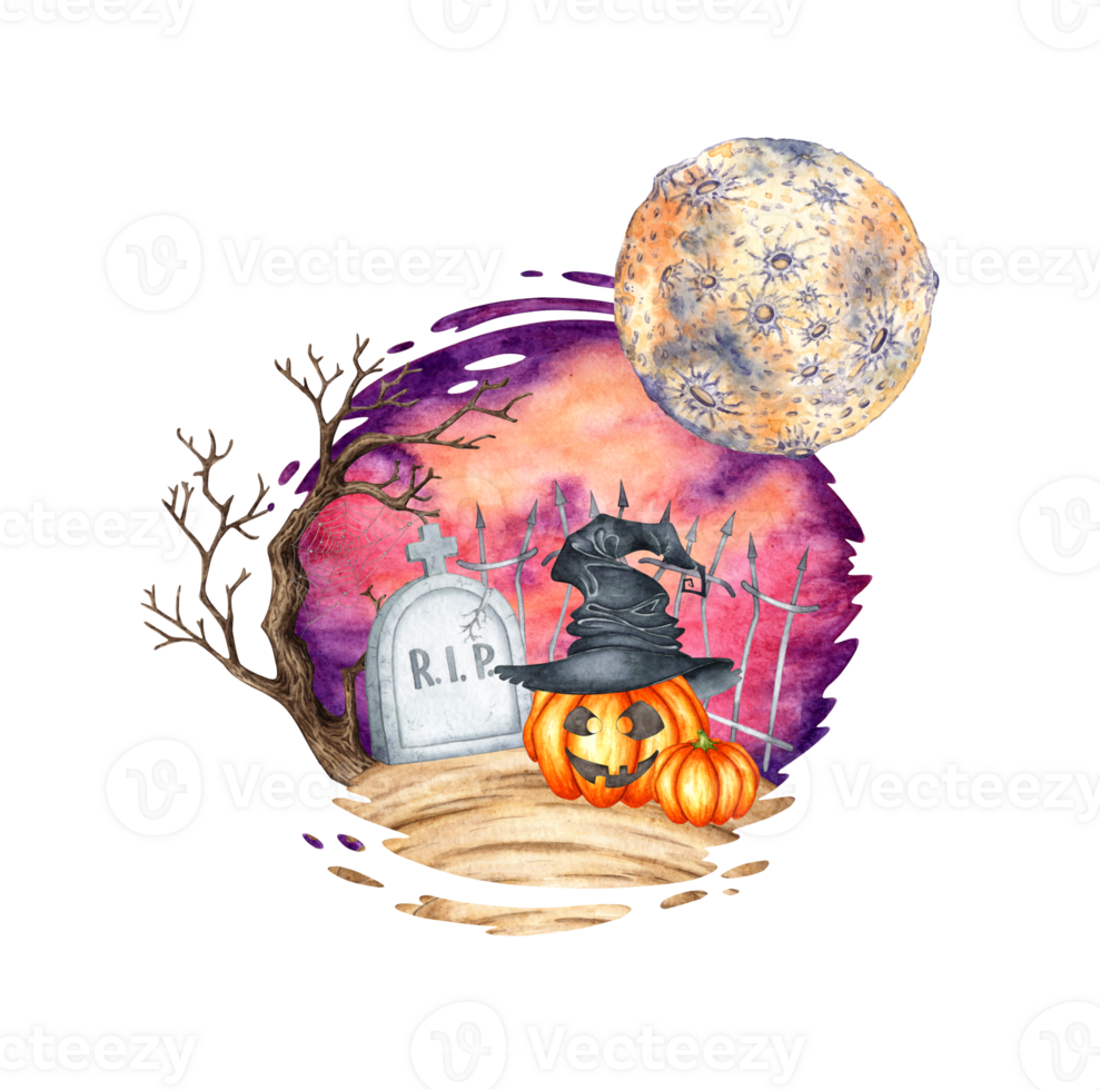 Gray gravestone on a hill, with a tree, a fence, a moon and a Halloween pumpkin on the background watercolor illustration. Funeral stone isolated from background. Design concept for poster card banner png