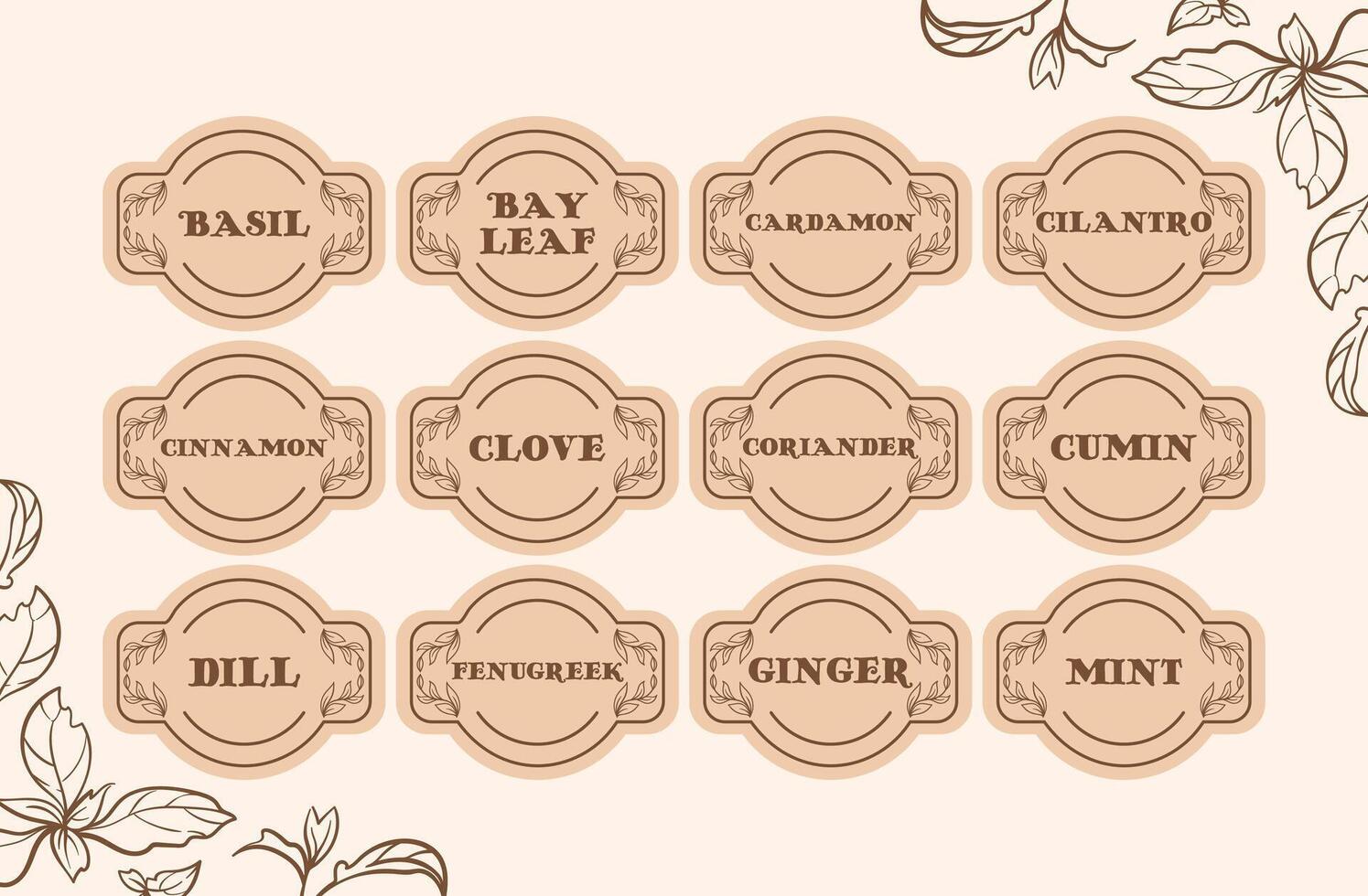 This collection of spice jar labels and stickers is designed to help you efficiently organize your pantry. Keep your herbs and spices clearly marked for easy access and a tidy kitchen storage solution vector