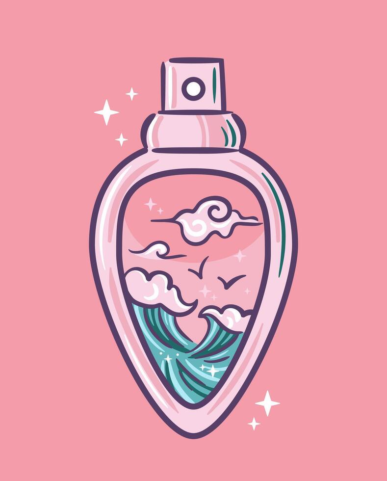 Bright colored perfume bottle design with a beautiful view of the ocean in Asian kawaii style. illustration in sketch style. Marine aroma. For sticker, packaging, design element vector