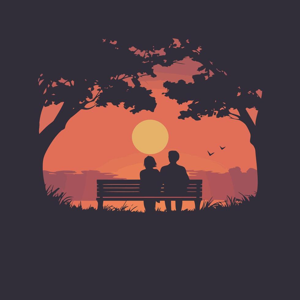 Silhouette of a romantic couple sitting on a park bench vector