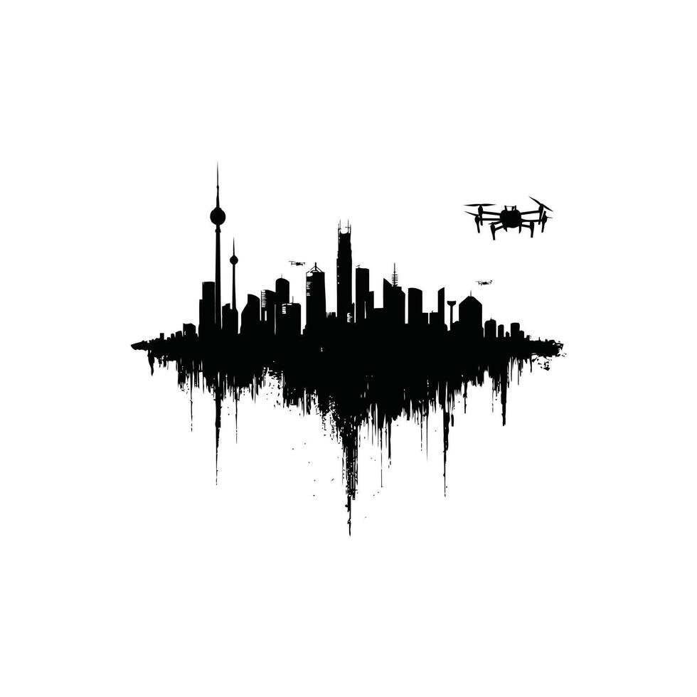 Silhouette of a futuristic smart city skyline flying drones with solid white background vector