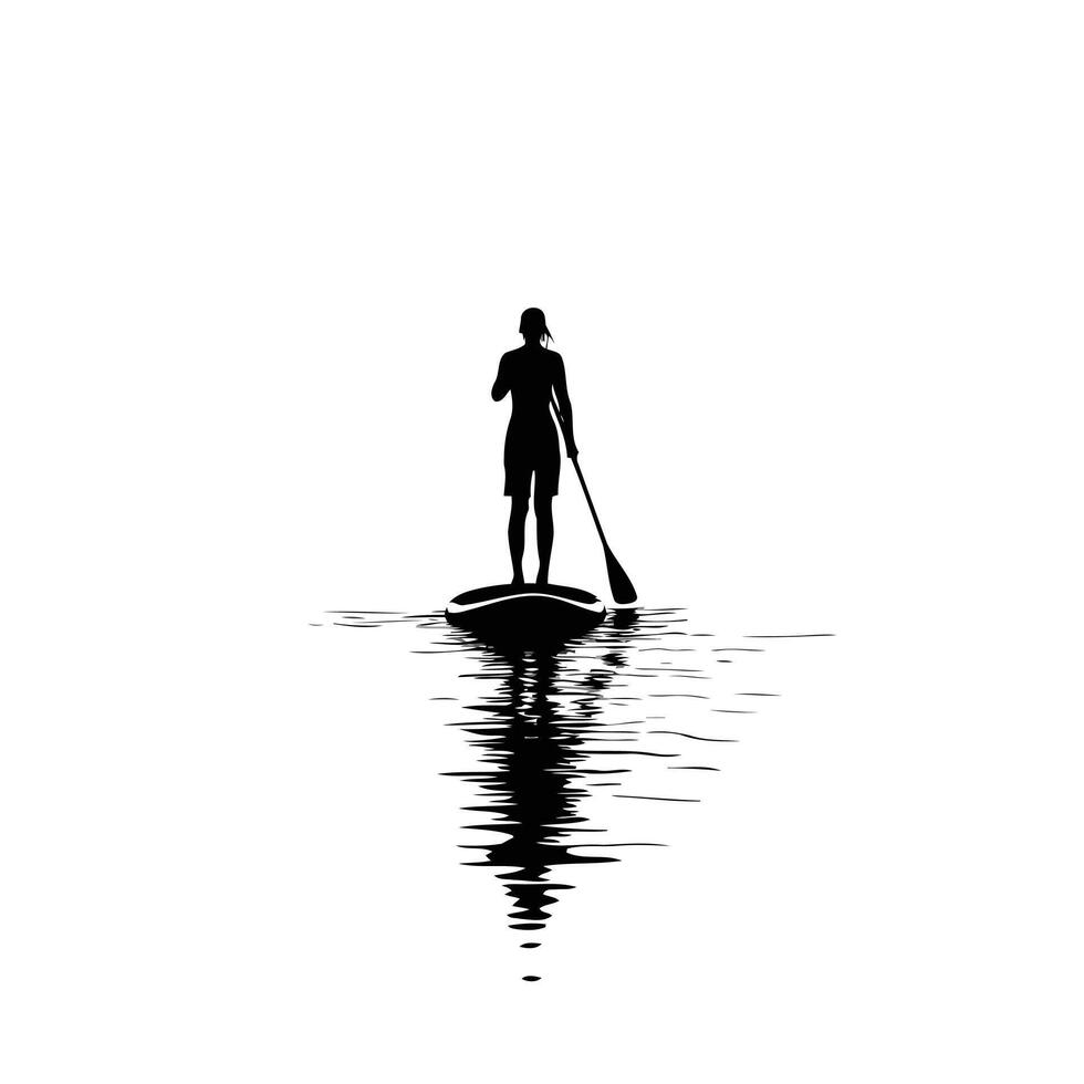 Silhouette of a person on a paddleboard against a white background vector