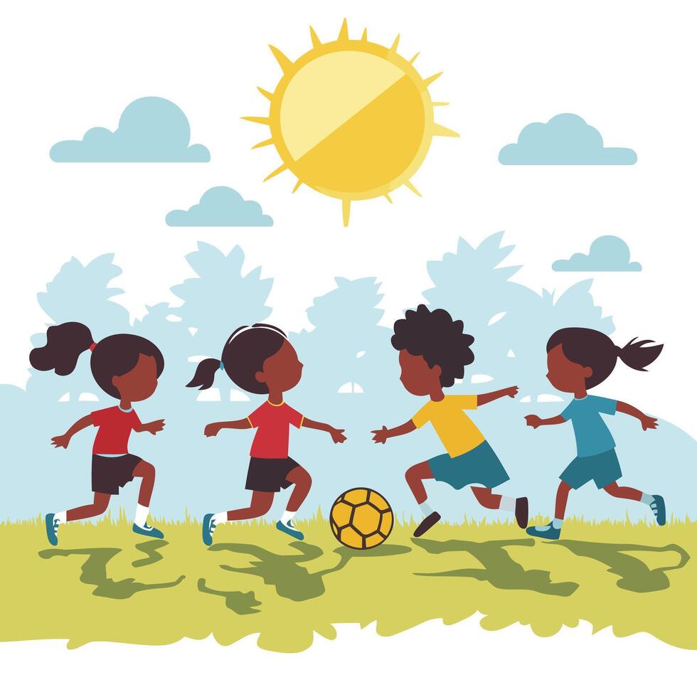 Silhouette of kids playing soccer in a park vector
