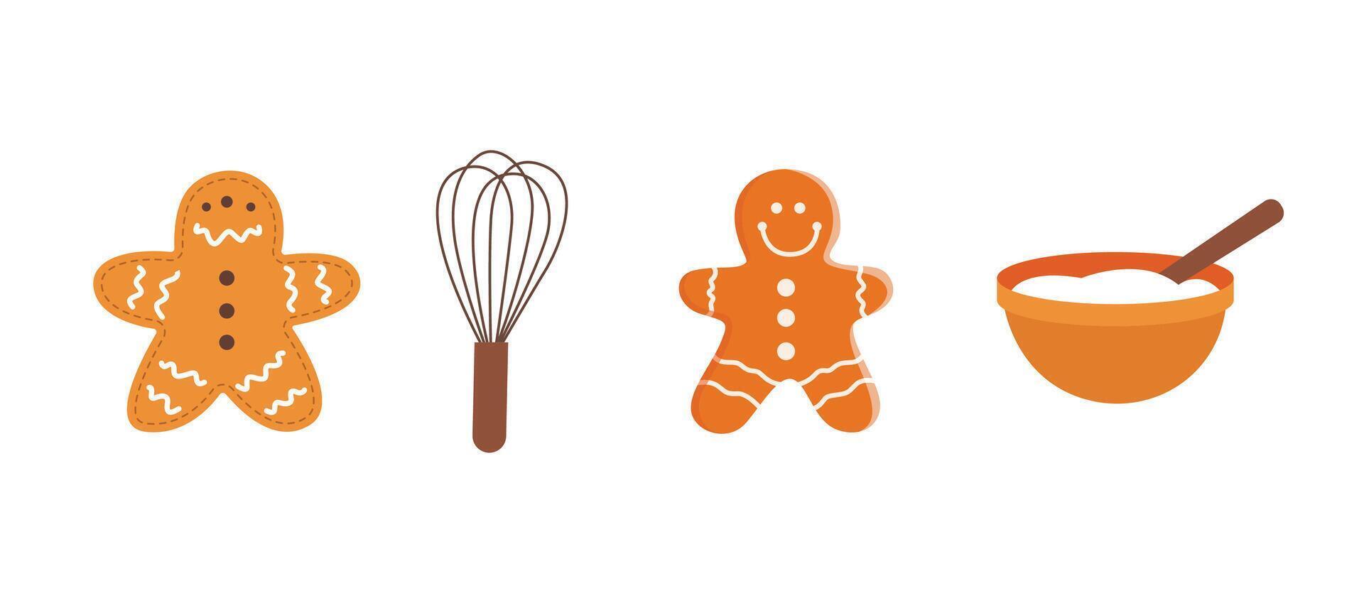 set of illustration of holiday baking icons featuring gingerbread cookie, whisk and mixing bowl on a solid white background vector