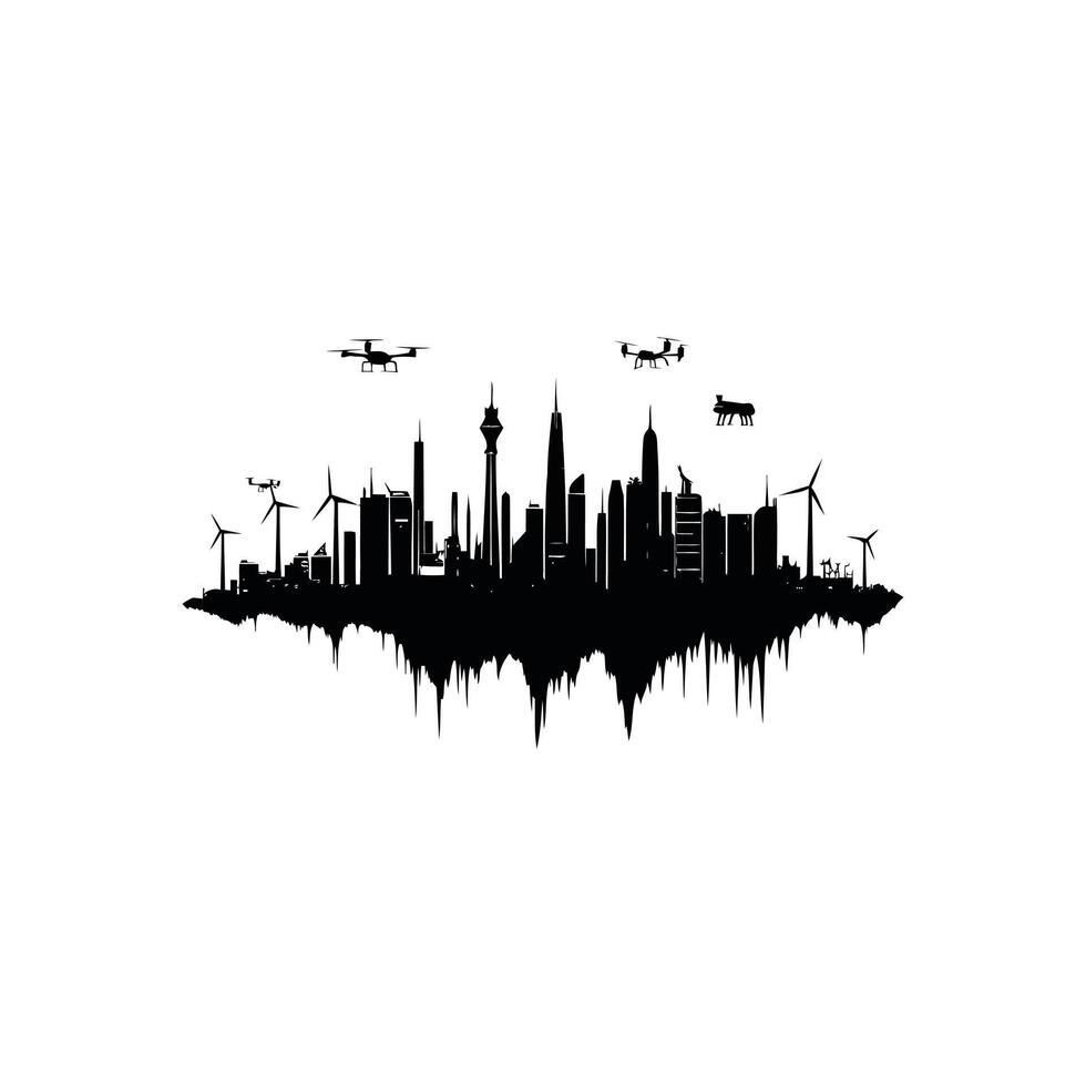 Silhouette of a futuristic smart city skyline flying drones with solid white background vector