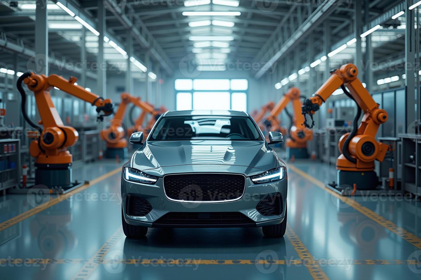 car with a futuristic design in modern industrial assembly line The background features robotic arms and a spacious well lit factory environment photo