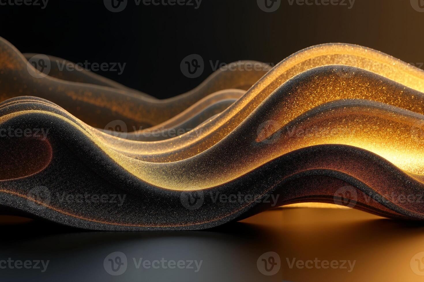 undulating waves of gold and black with a glowing golden light source casting a warm hue photo