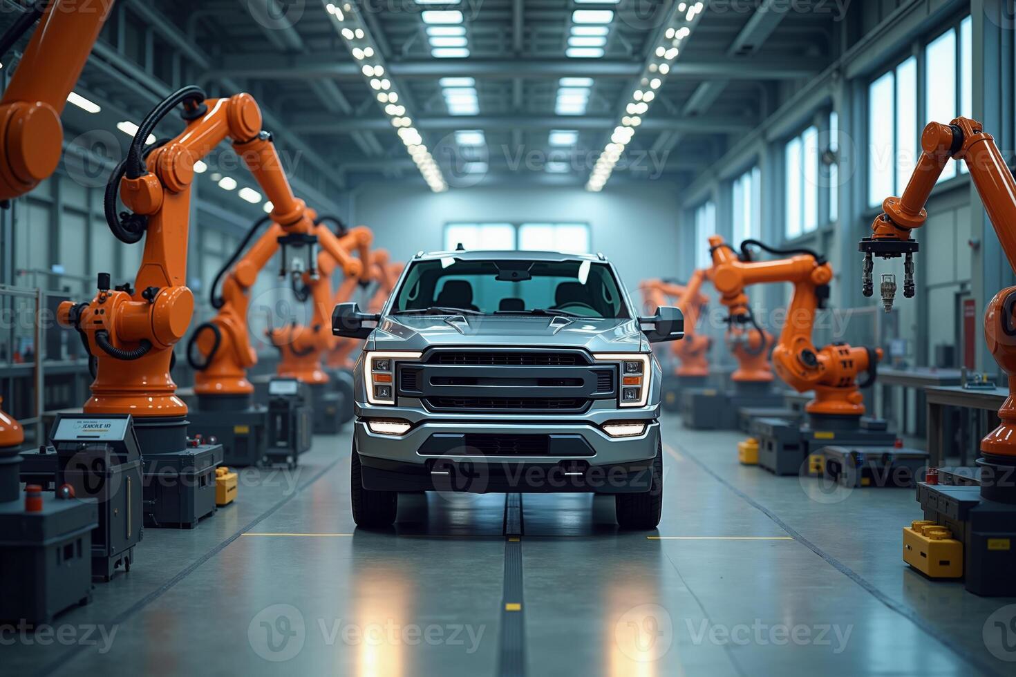 modern factory with pickup truck cars on a production line under bright overhead lights with robotic arm photo
