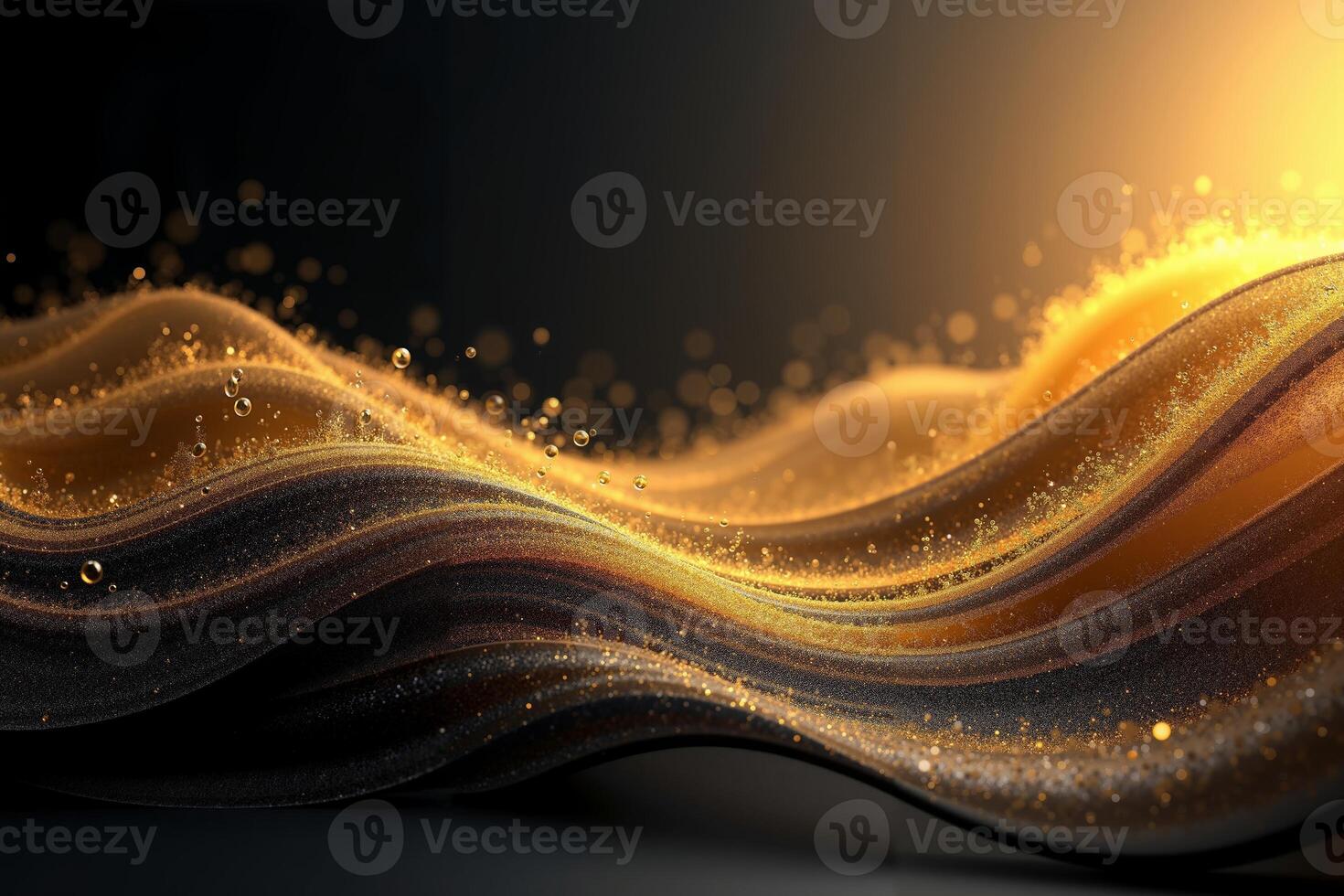 undulating waves of gold and black with a glowing golden light source casting a warm hue photo