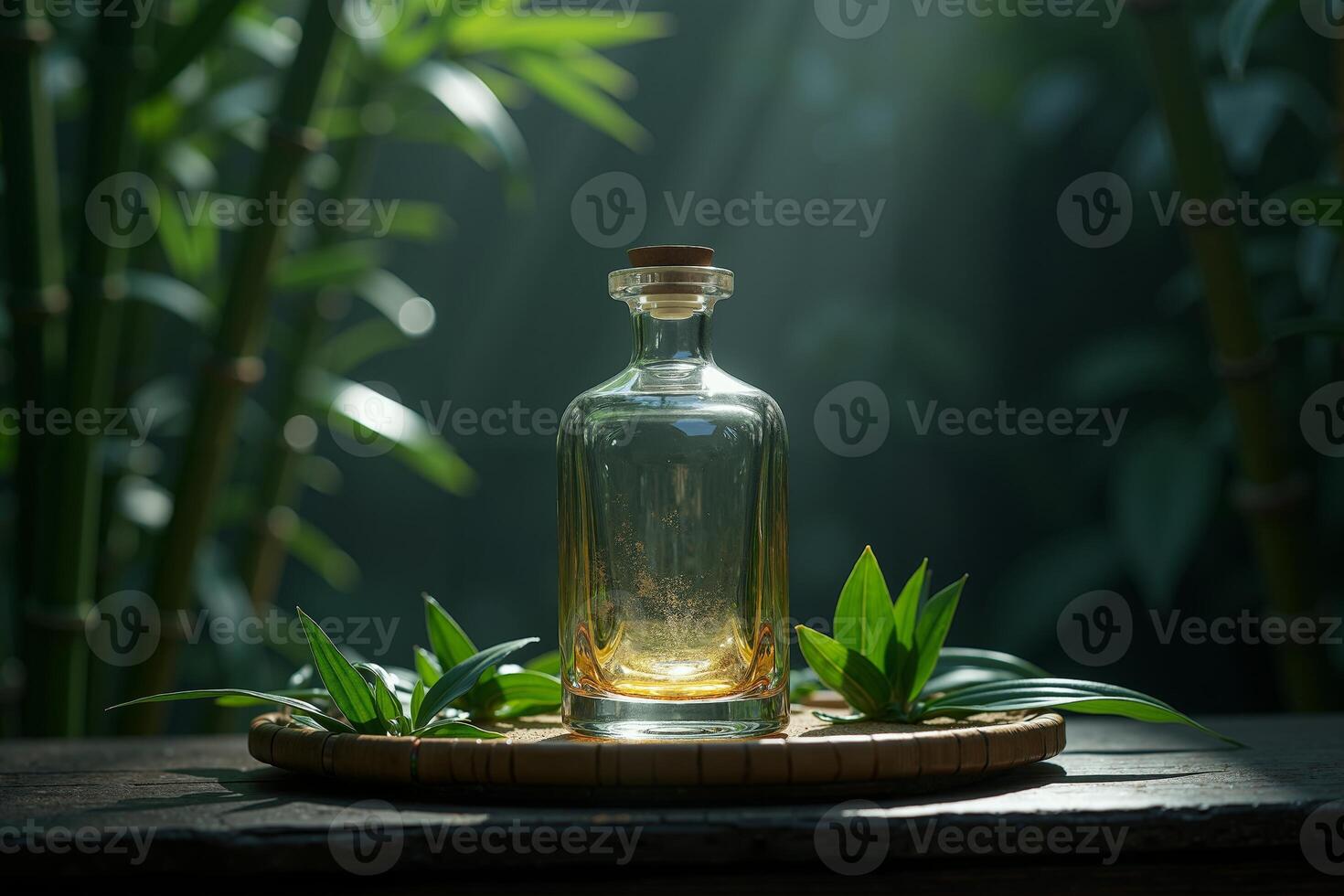 glass bottle filled with golden liquid placed on a tree lush green foliage photo
