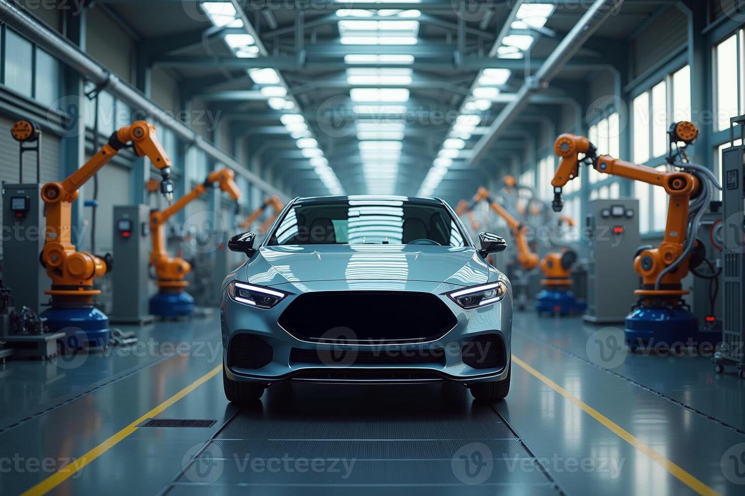 car with a futuristic design in modern industrial assembly line The background features robotic arms and a spacious well lit factory environment photo