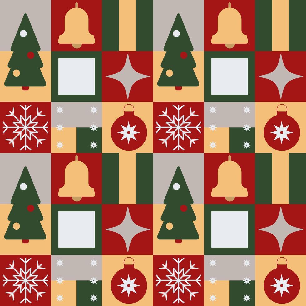 Christmas geometric seamless pattern in Bauhaus style. Snowflake, fir tree, bell, star, Christmas tree toy. vector