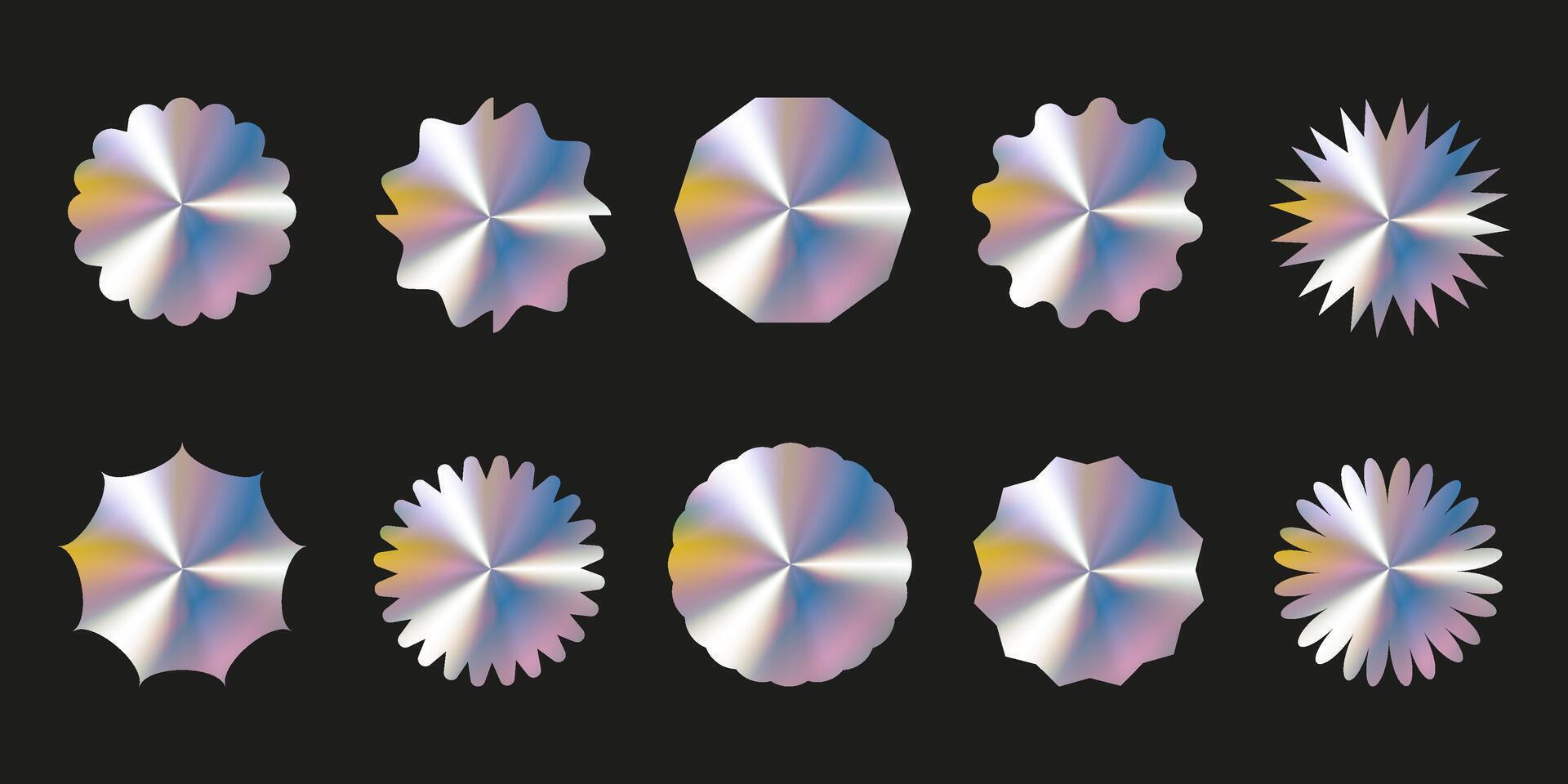 Holographic stickers. Emblems. Rainbow shiny labels with space for text. Set of designs on isolated background. vector