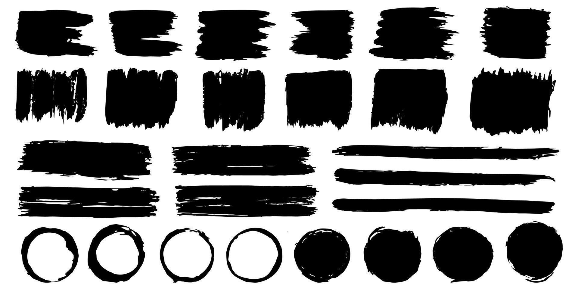 Black brush strokes. Large set of text boxes. Grunge texture. Abstract stains. Hand drawn circles, squares and stripes on white background. vector