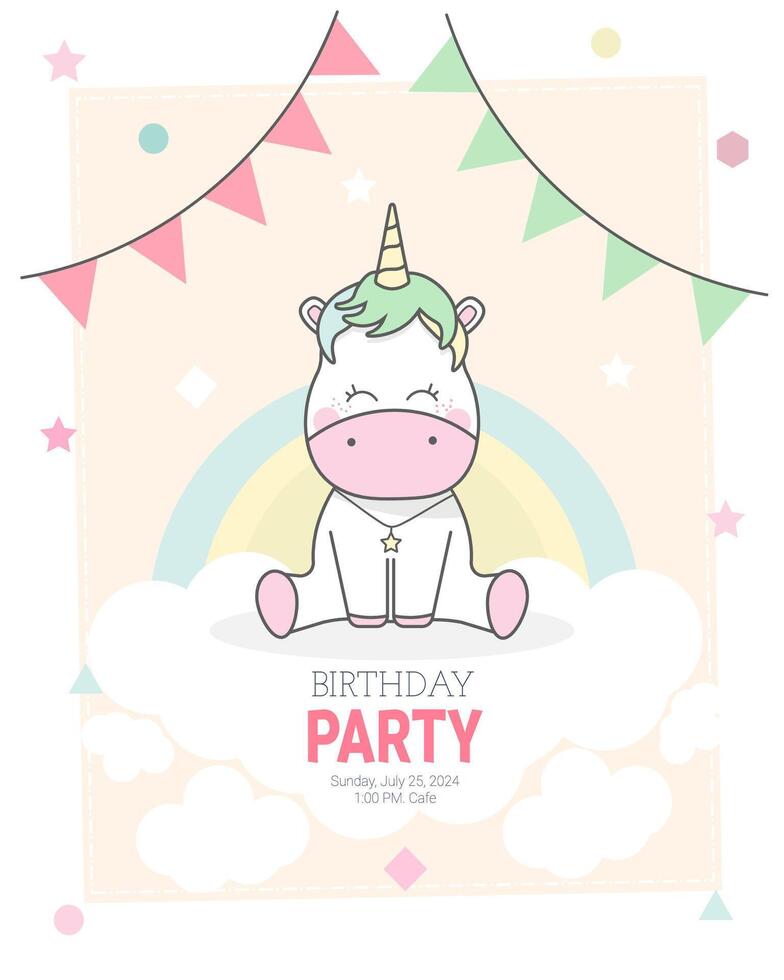 Unicorn birthday invitation. Unicorn, flags, rainbow and clouds. vector