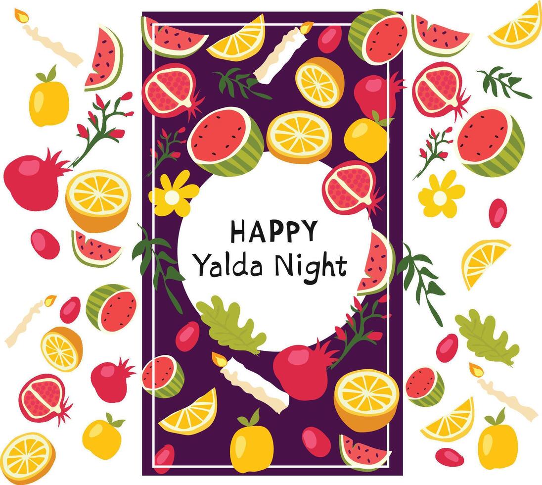 Yelad night greeting card with fruits and vegetables vector