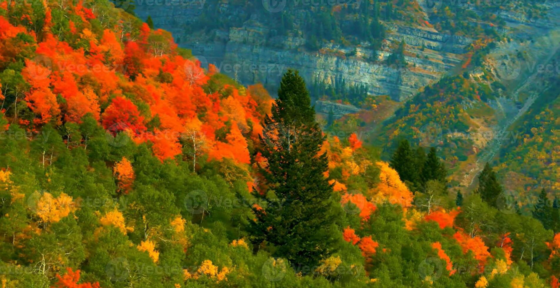 Beautiful Water Stream Green Orange Yellow Fall Autumn Trees Mountains Blue Sky Background photo