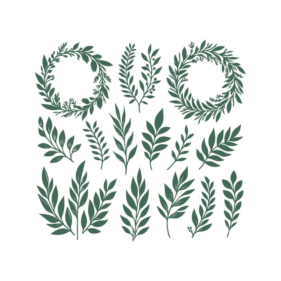 Set of green leaves and wreaths on white background vector