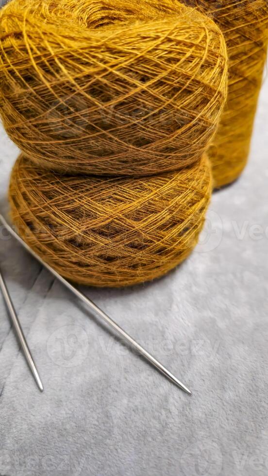 Orange threads for handicrafts. Selecting a color palette for knitting. Autumn photo