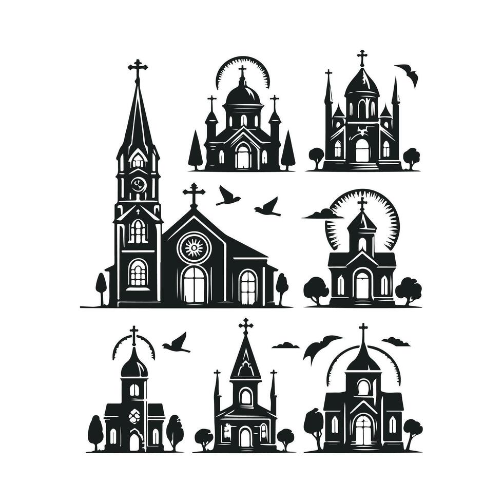 Church buildings and church icons set vector