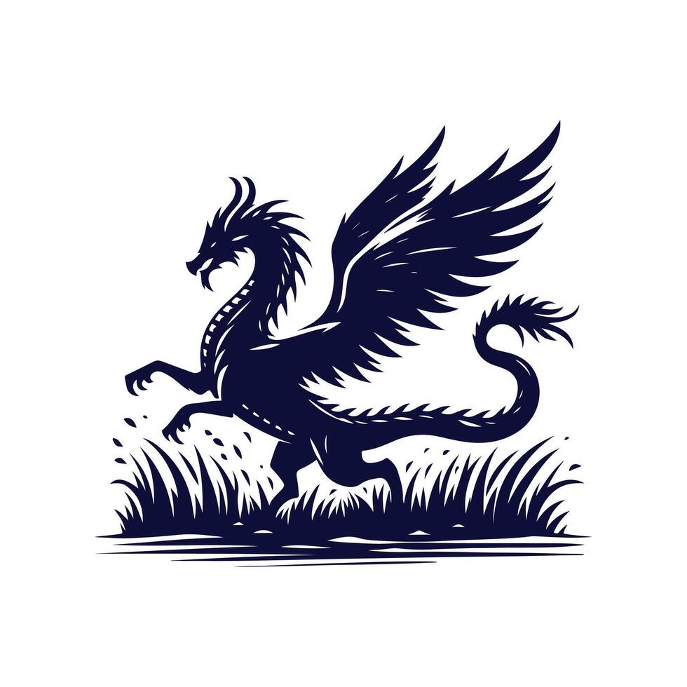 A black and white illustration of a dragon flying over grass vector