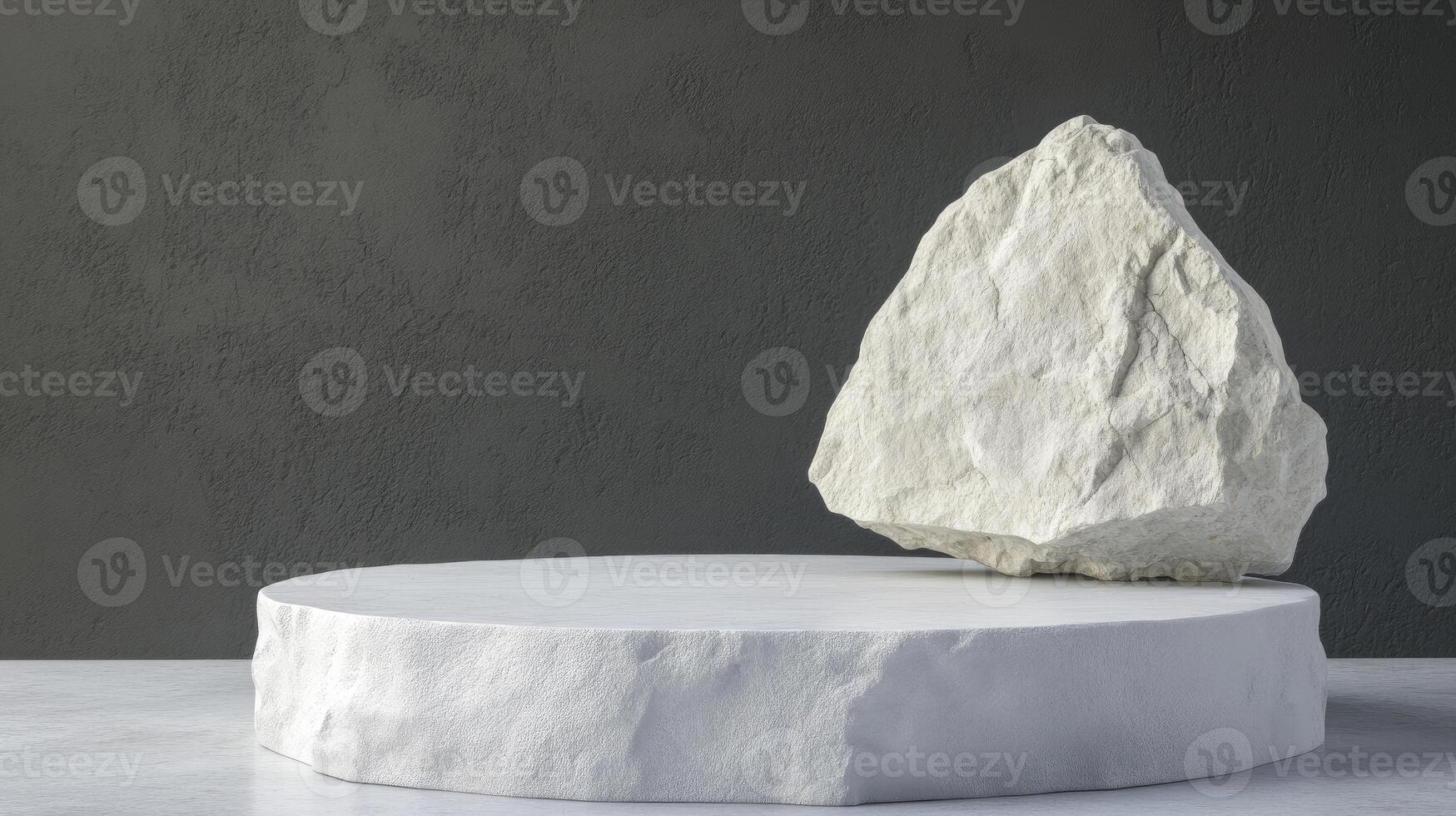 a white rock on podium with grey background photo