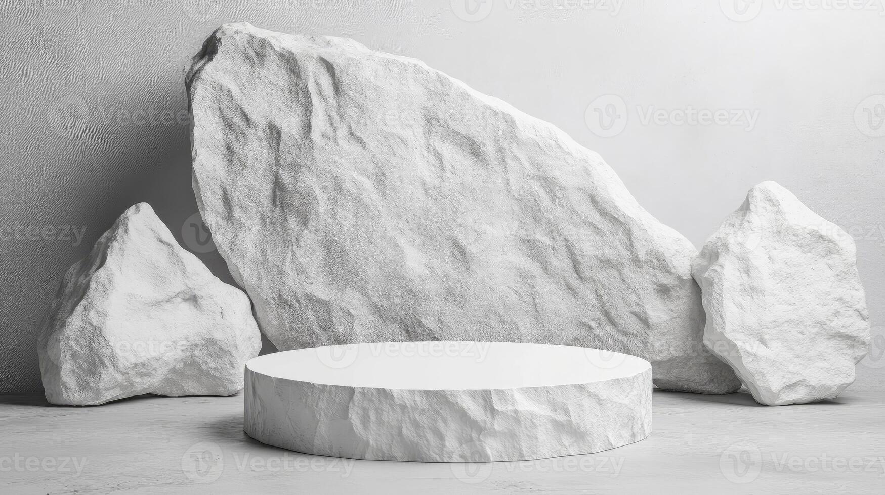 a white rock on podium with grey background photo