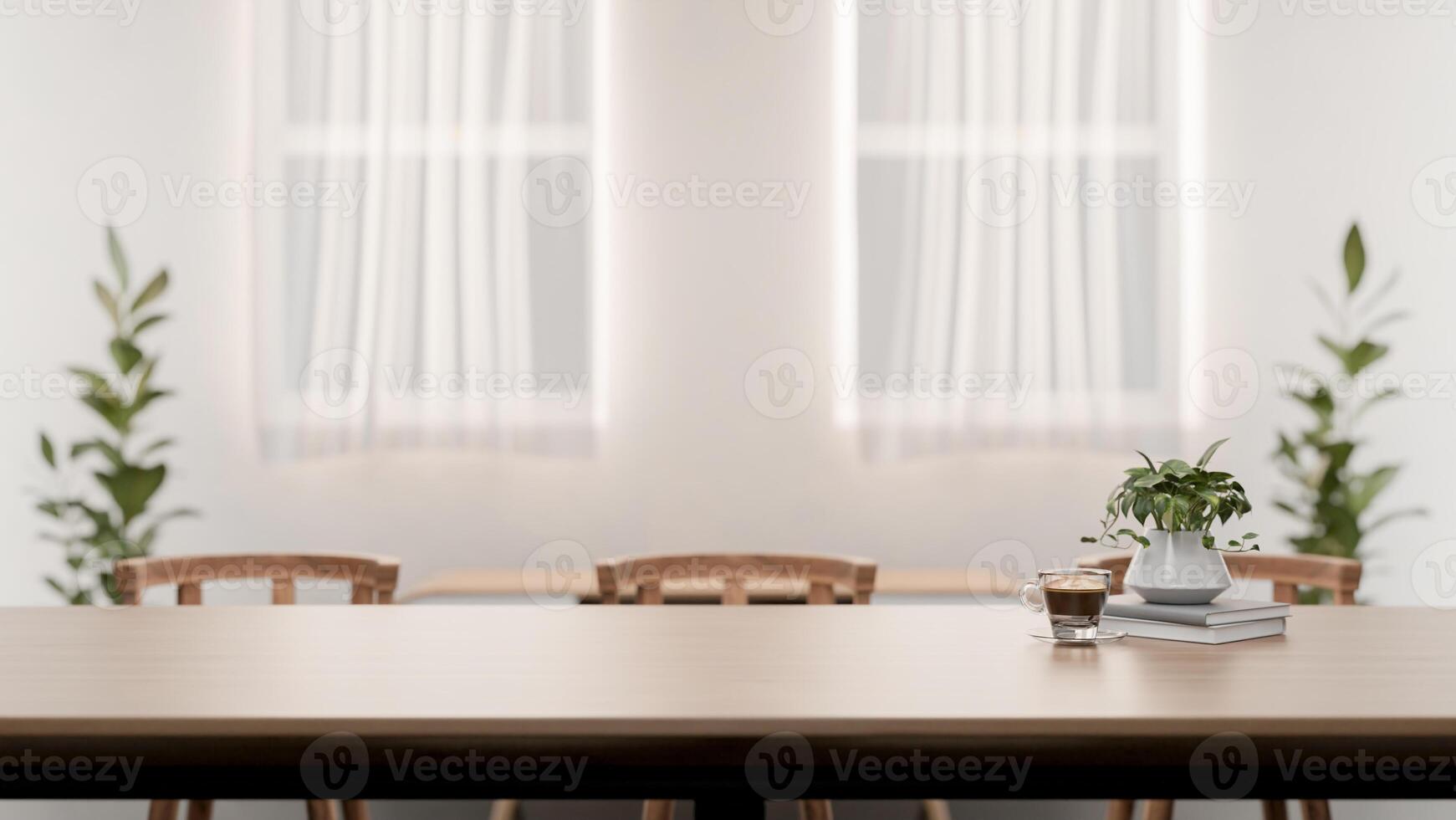 A close-up of a space for displaying products on a wooden dining table in a contemporary white room. photo