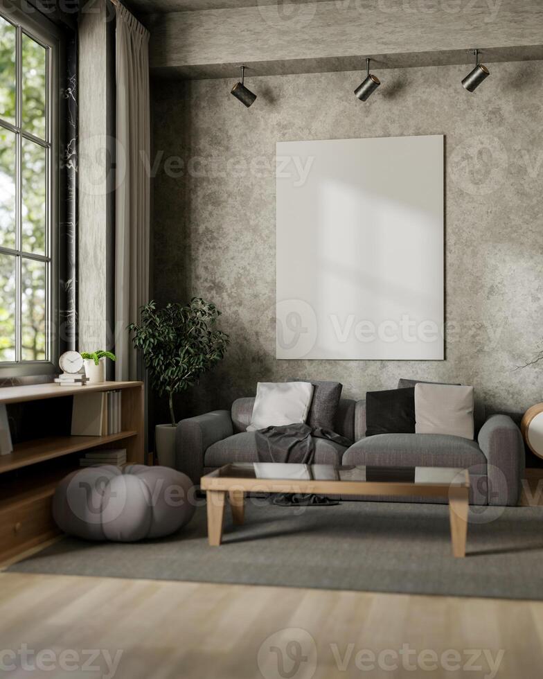 A modern grey apartment living room features a grey sofa with pillow and modern home decor. photo
