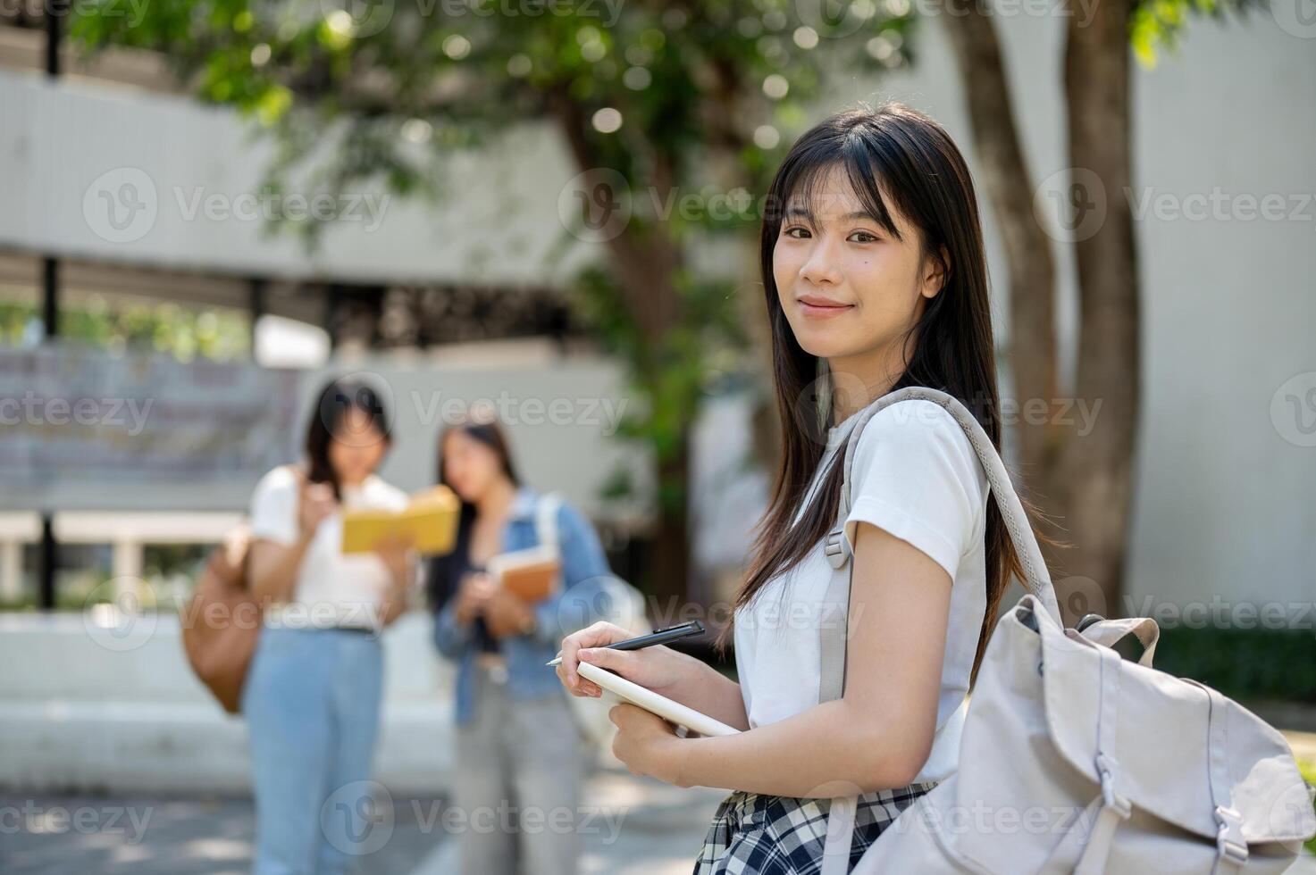 A cute Asian female college student smiles at the camera while standing in her college park. photo