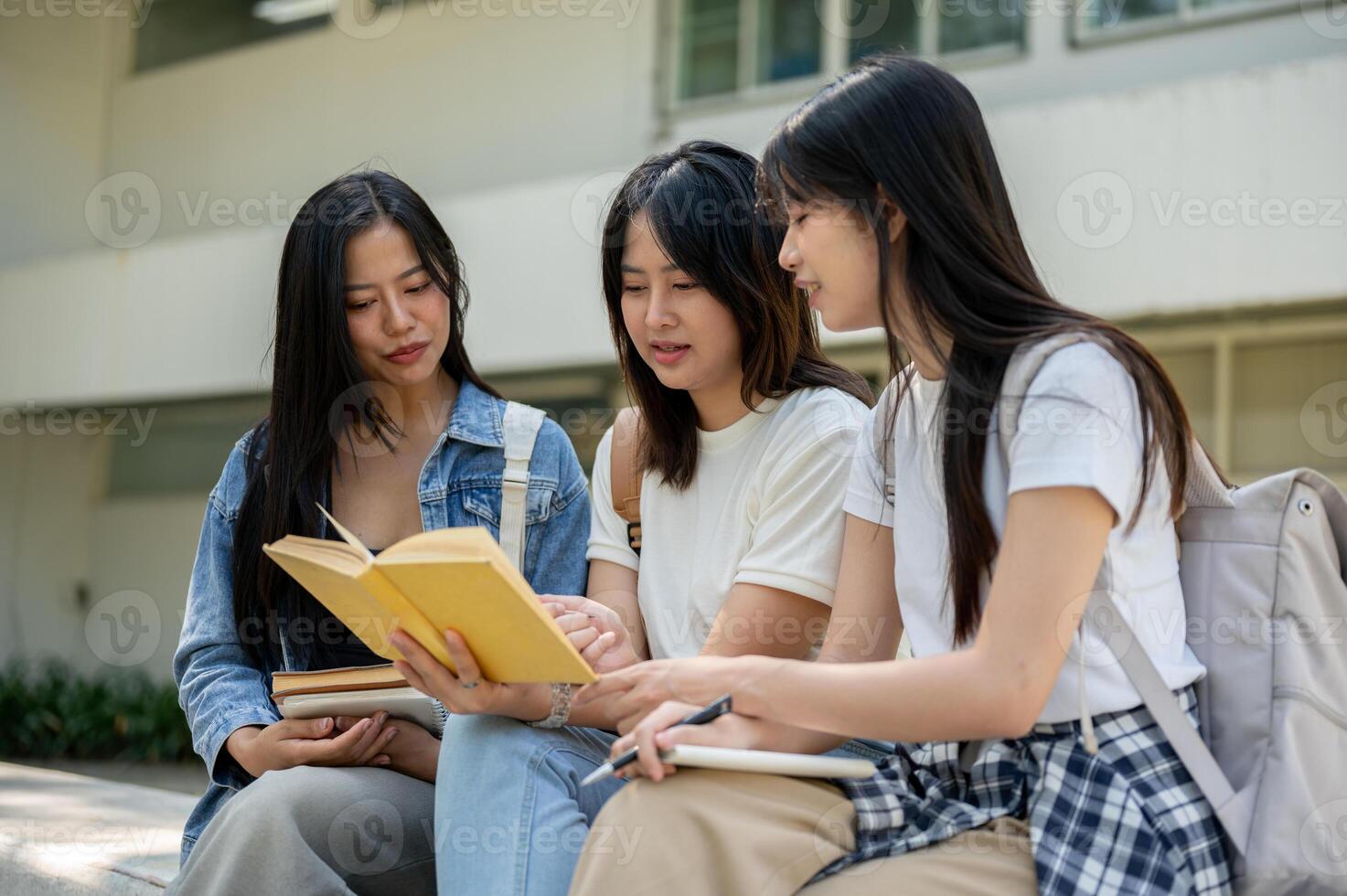 A group of female college students is discussing topics from a book in their college park. photo