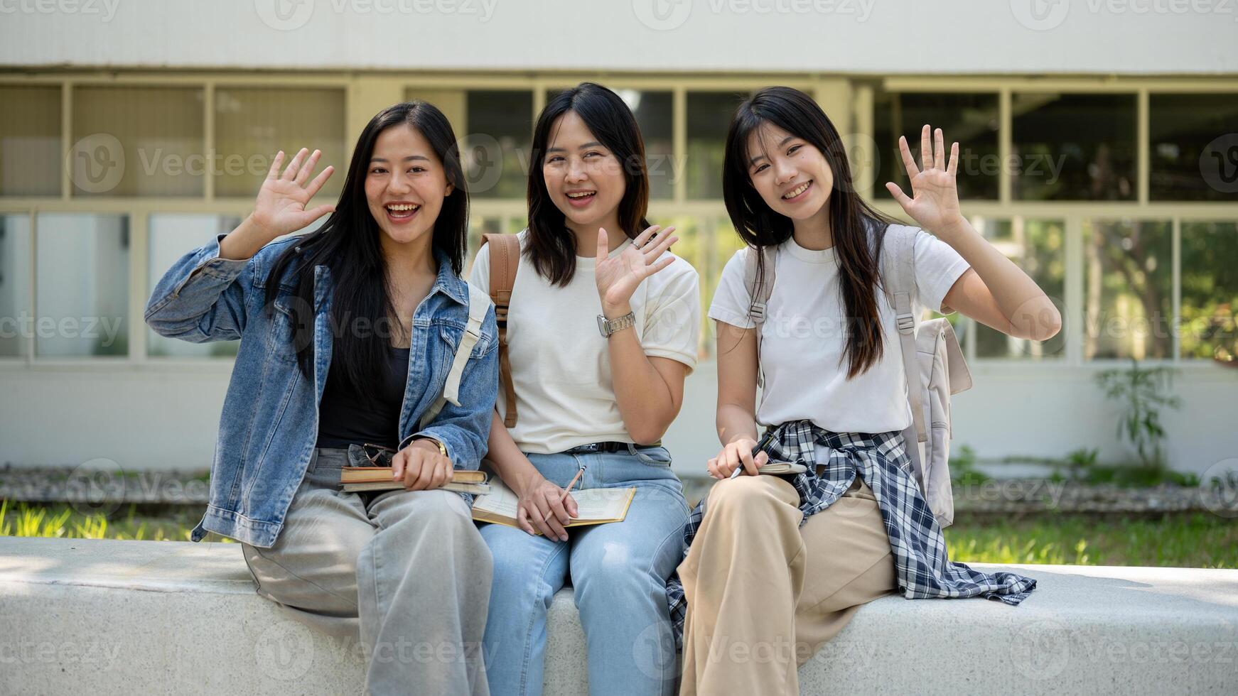 Friendly students are sitting together on a bench in their college park, waving at the camera. photo