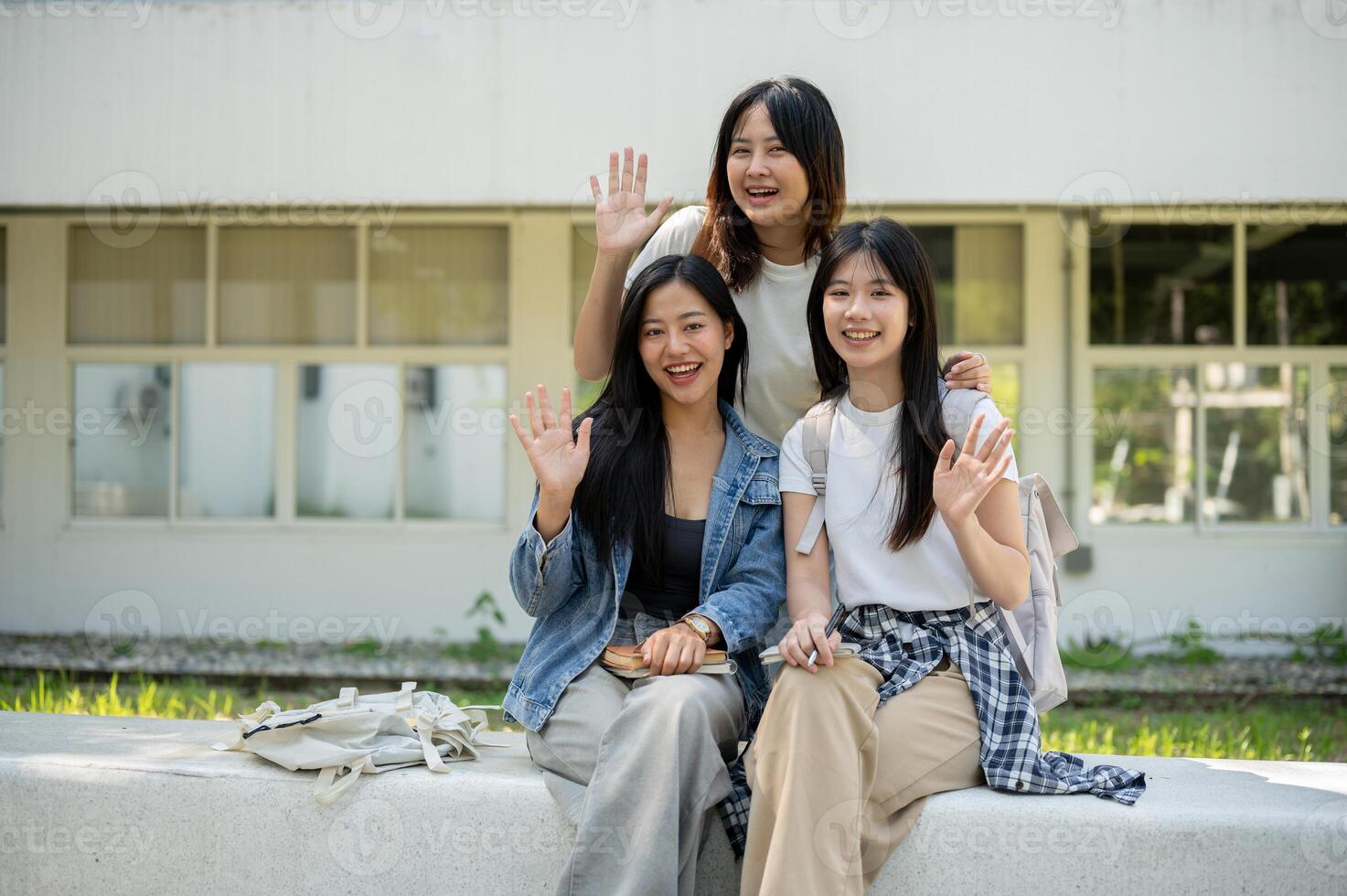 Friendly students are sitting together on a bench in their college park, waving at the camera. photo