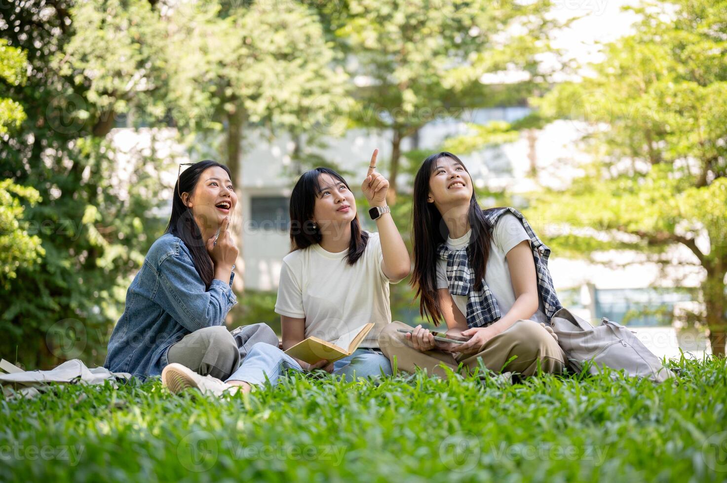 Female college students sits on the grass in their college park, enjoying a lively conversation. photo