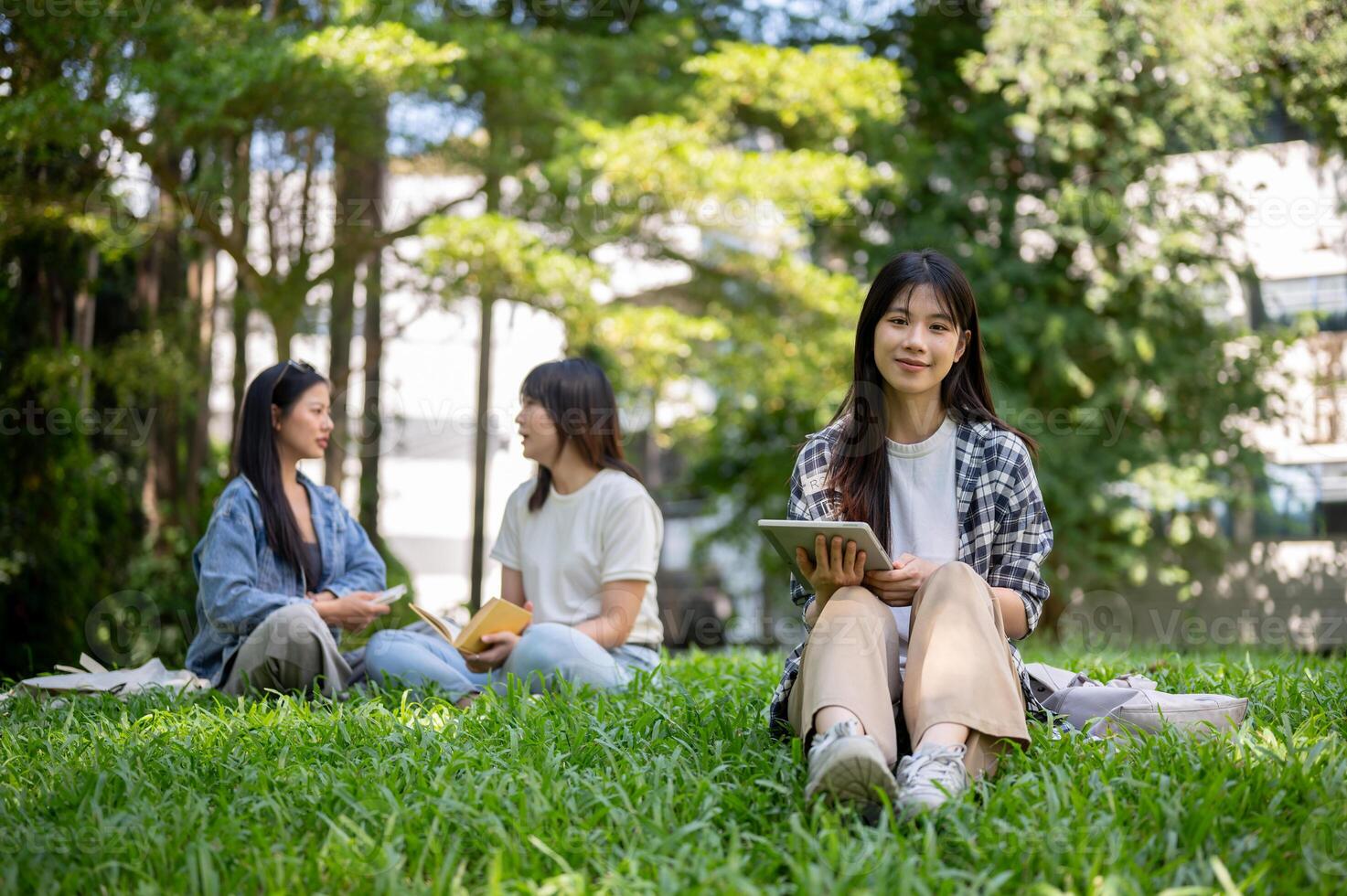 Charming Asian female college student sits on the grass in her college campus park, holding a tablet photo