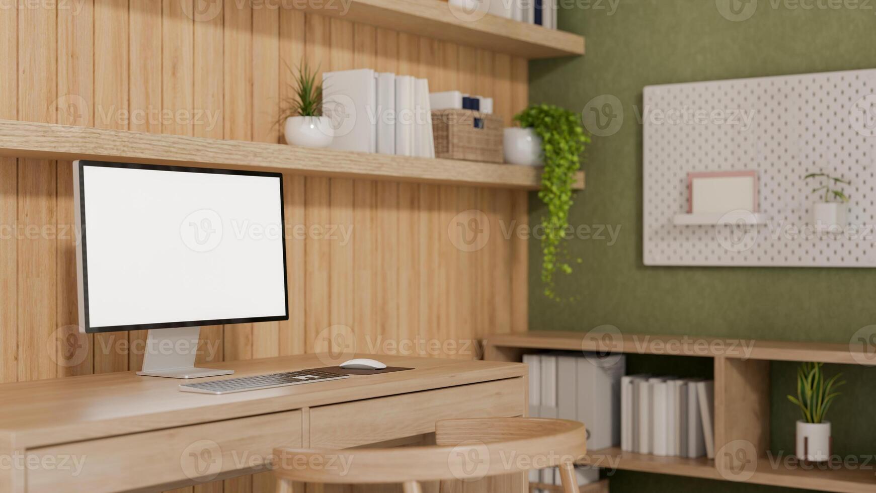 A contemporary home office with green and wood accents features a computer on a wooden desk. photo
