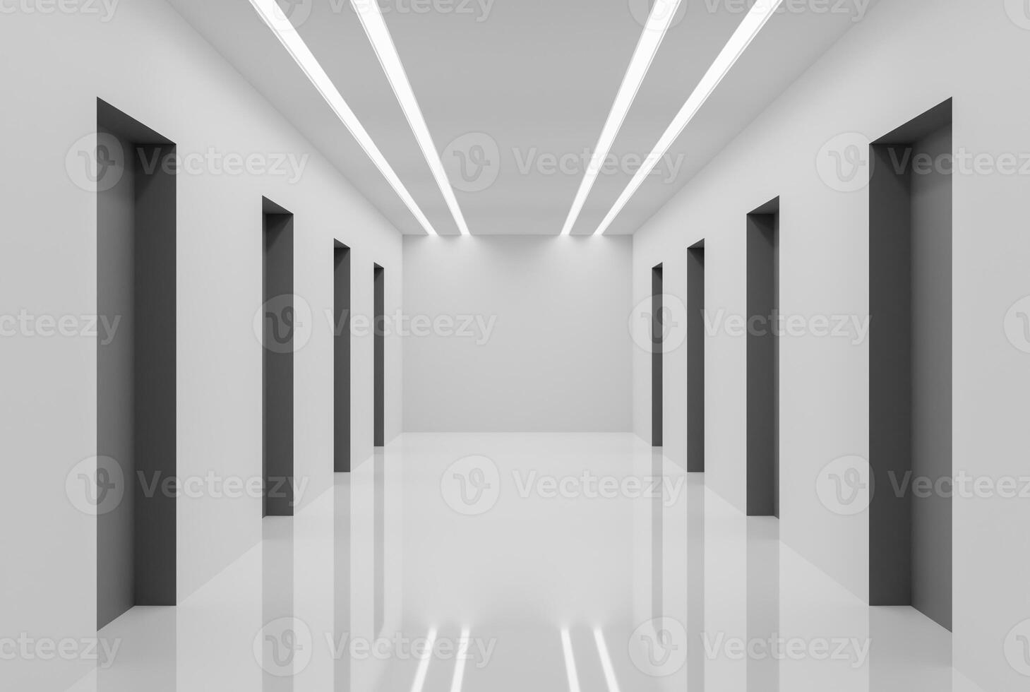 A modern white hallway corridor features bright ceiling lights and polished, glowing tile flooring. photo