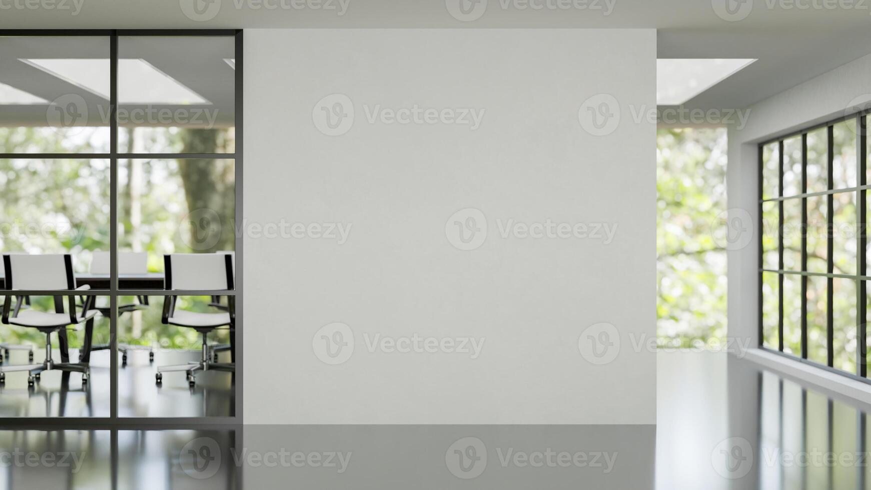A modern minimalist company corridor features a meeting room and a blank white wall. photo