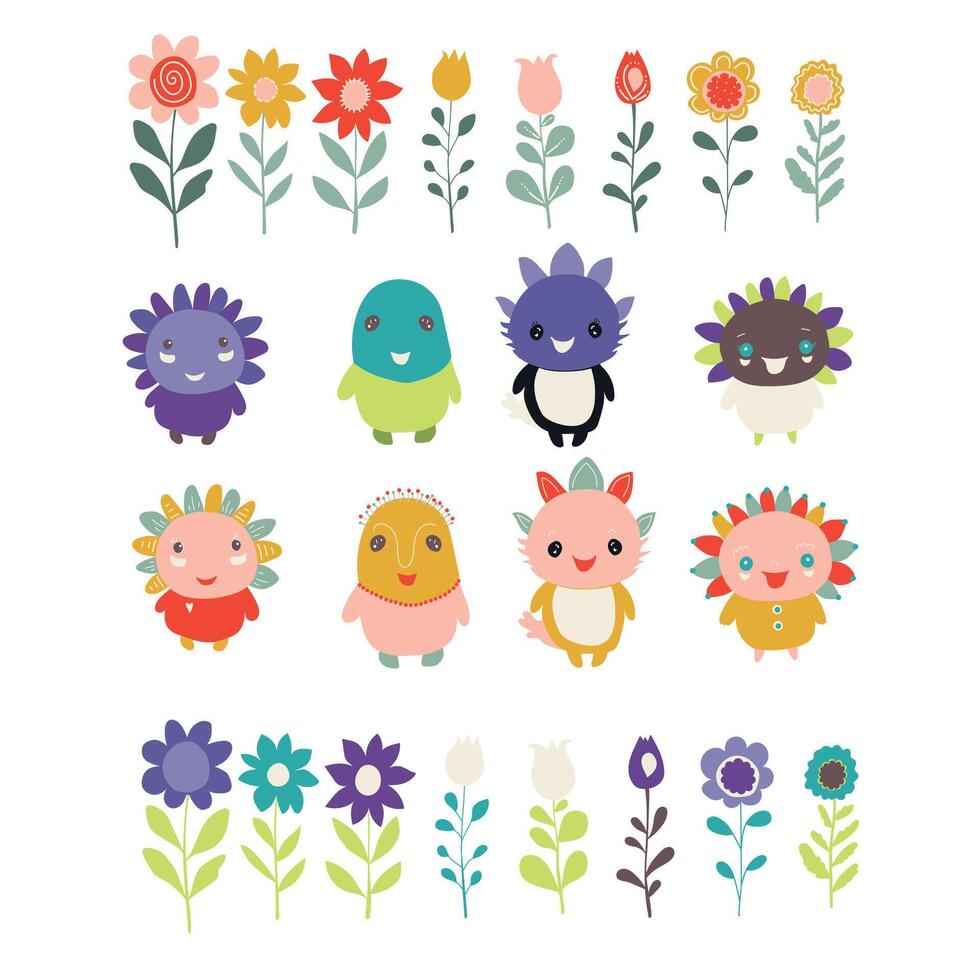 Set of funny cartoon characters and floral elements on white. illustration. vector