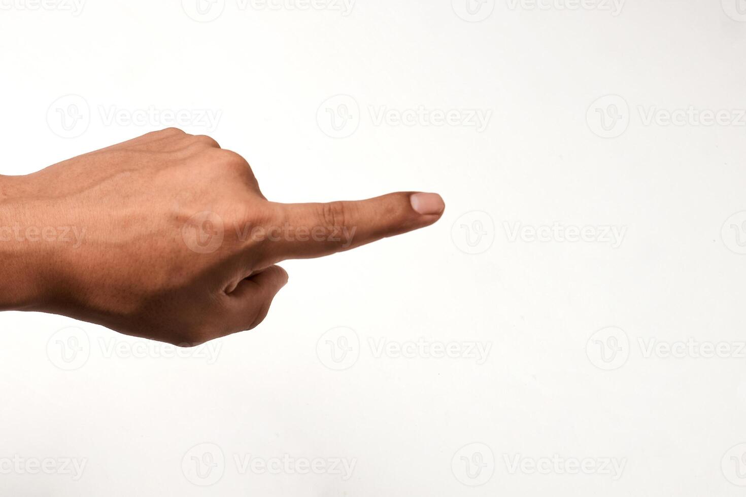Latin man hand pointing with index finger, isolated on a white background. Ideal for touch, selection and pressure concepts. closeup view, showing a gesture photo
